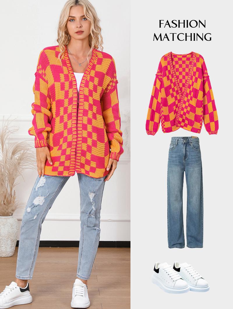 Asvivid 2026 Fall Clothes For Women Oversized Long Open Front Cardigan Mixed Checkered Pattern Cable Knit Cardigans Sweater Holiday