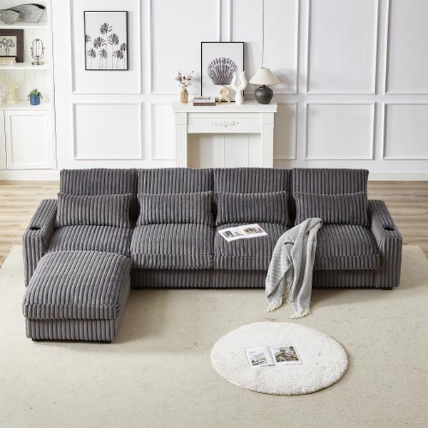 【Clearance Sale】Niccae 126-inch Corduroy L-Shaped Sofa with Cup Holder & USB Port, Movable Footrest, 4 Waist & Back Pillows, Spacious & Comfortable for 3-4 People, Chenille Fabric, Easy Assembly