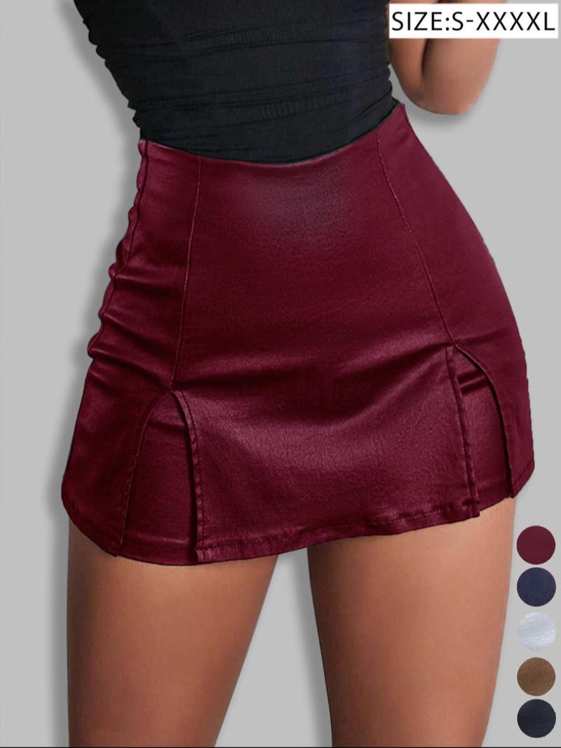 Women's Split Hem High Waist Skinny PU Skorts, Stretchy Zip Back Faux Leather Skort for Holiday Club Daily Wear, Lady's Bottoms for All Seasons