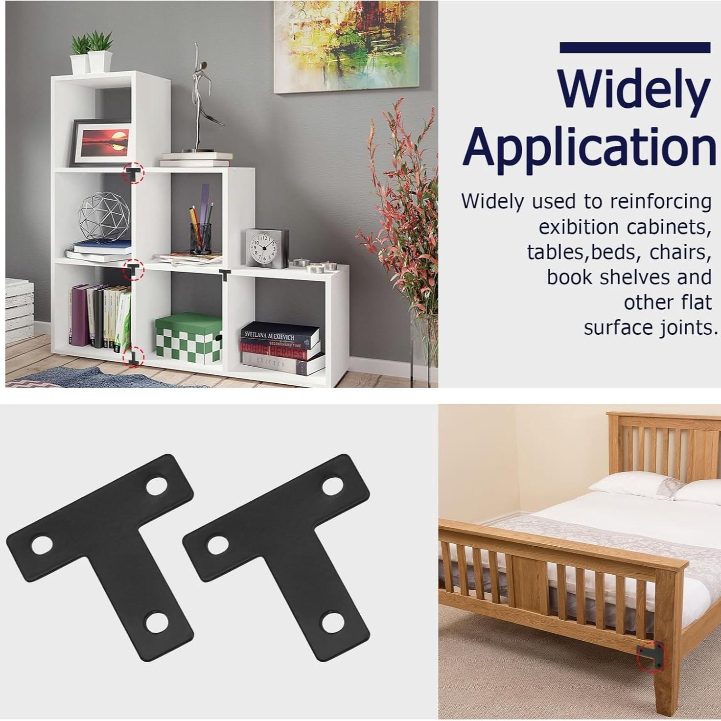 T Shape Flat Mending Plates 40mm x 40mm (1.57" x 1.57") T Corner Braces T Bracket Connector Fixing Repair Plates for Wood Furniture, Cabinet, Windows, Black