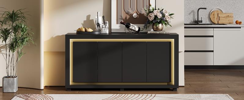 【Modern LED Storage Cabinet】ONBRILL 63"Sideboard Buffet Cabinet,Kitchen Buffet Storage Cabinet with Power Outlets & LED Light, Modern Storage Cabinet with 4 Doors,Coffee Bar Console Wine Bar for Living Room,Kitchen,Hallway