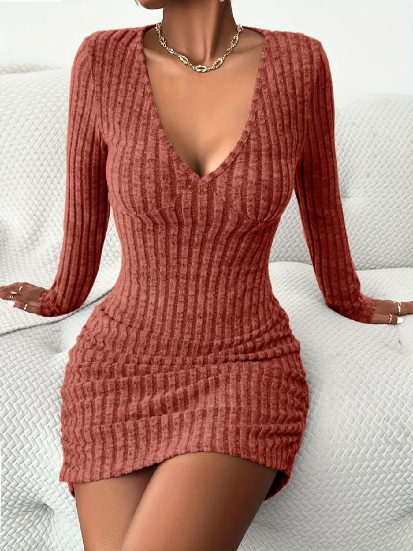 Women's Striped Deep V Neck Bodycon Dress, Comfortable Soft Casual Long Sleeve Tight Sleeve Short Dress for Fall & Winter, Ladies Clothes for Daily Wear, Womenswear