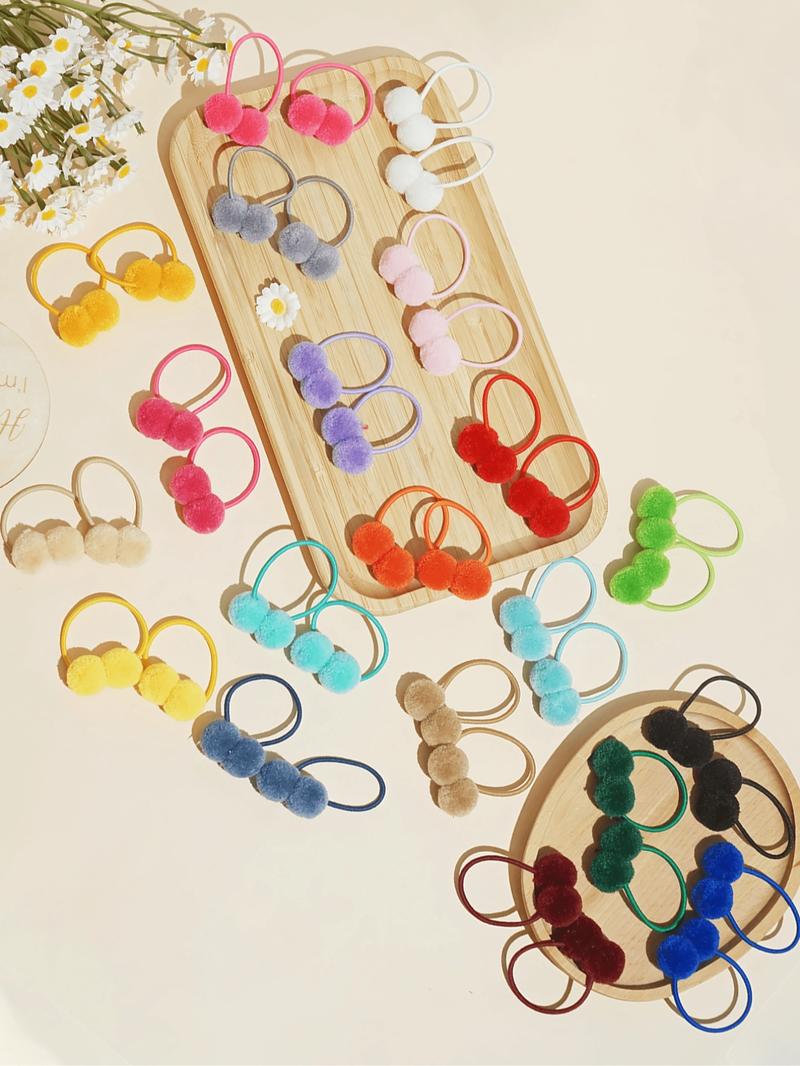 40PCS Pom Pom Hair Ties for Girls, Soft Fuzzy Ball Elastic Hair Bands, Cute Princess Ponytail Holders, Pastel Colors for Fall Winter, No-Damage Kids Hair Accessories, Elastic Hair Accessory
