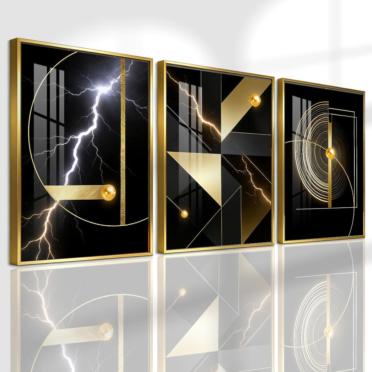 3 Counts Aluminum Alloy Framed Painting, Abstract Golden Geometric Lightning Art Pictures, Home Decoration For Living Room, Bedroom, Office, Restaurant, Hallway Wall Decor, Odorless Print Artwork, Luxury Perfect Gift For Friends And Family