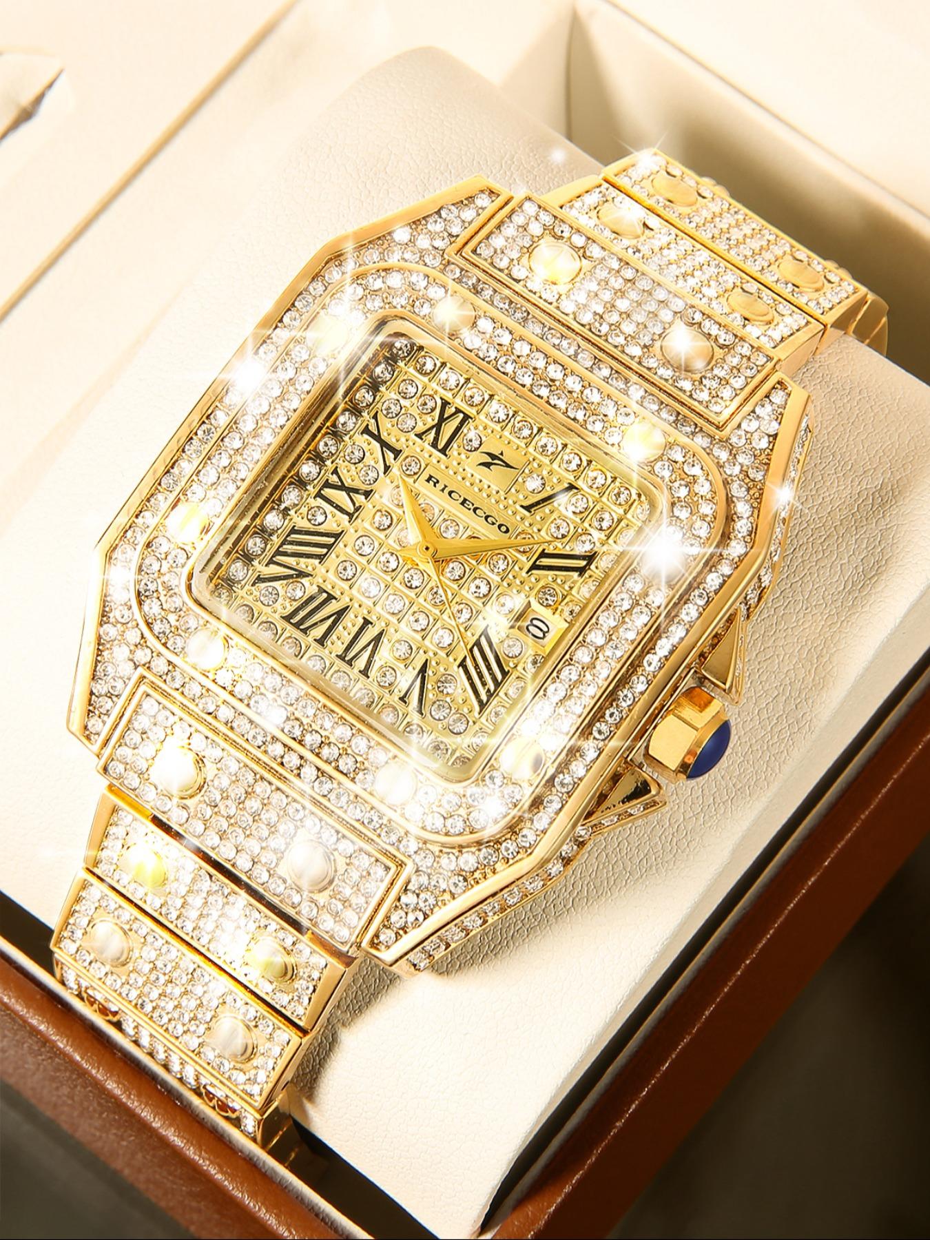 RICECGO Luxury Full-Diamond Men's Watch: Sparkling with diamonds, this timepiece features elegant design and refined details, showcasing the charm of a stylish man. It is an accessory that elevates your style, Fashionable Wristwatch