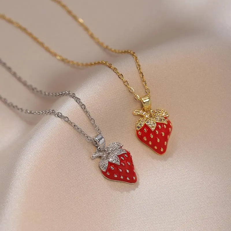 Stainless Steel Shiny Zircon Red Strawberry Pendant Necklace For Women Girls Romantic Flower Planet Tulip Choker Luxury Jewelry