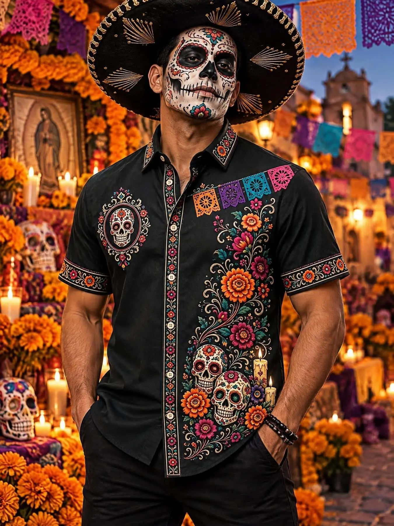 Men's Short Sleeve Collared Shirt, Mexican Day of the Dead Skull Marigold Print, Colorful Flag Candle Design, Perfect for Festivals and Halloween Parties