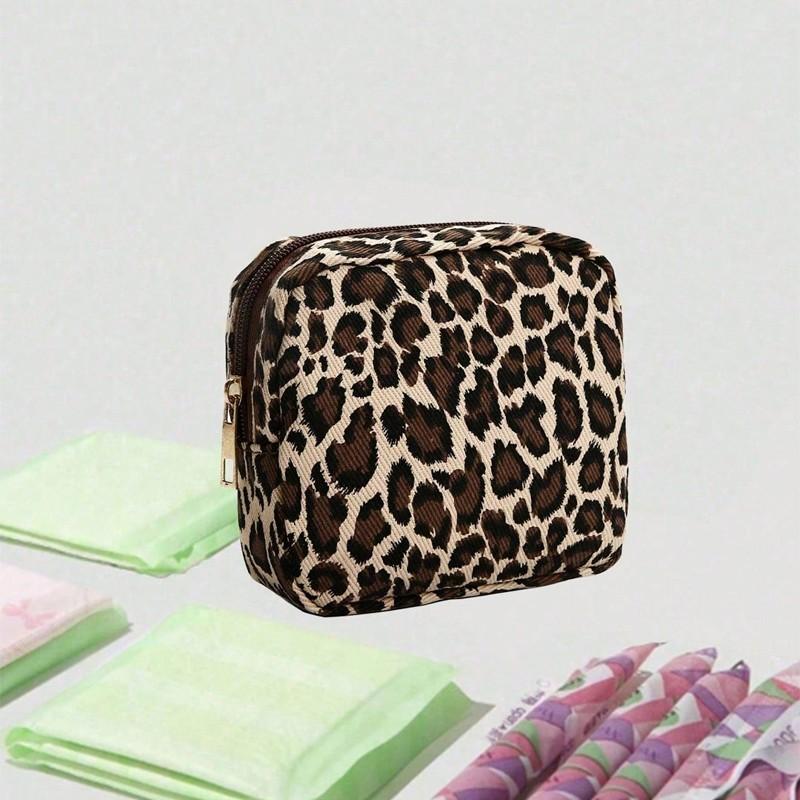 Leopard Print Sanitary Napkin Storage Bag, Portable Period Supplies Pouch with Zipper, Space Saving Home Organizer, Travel Essentials Carryall