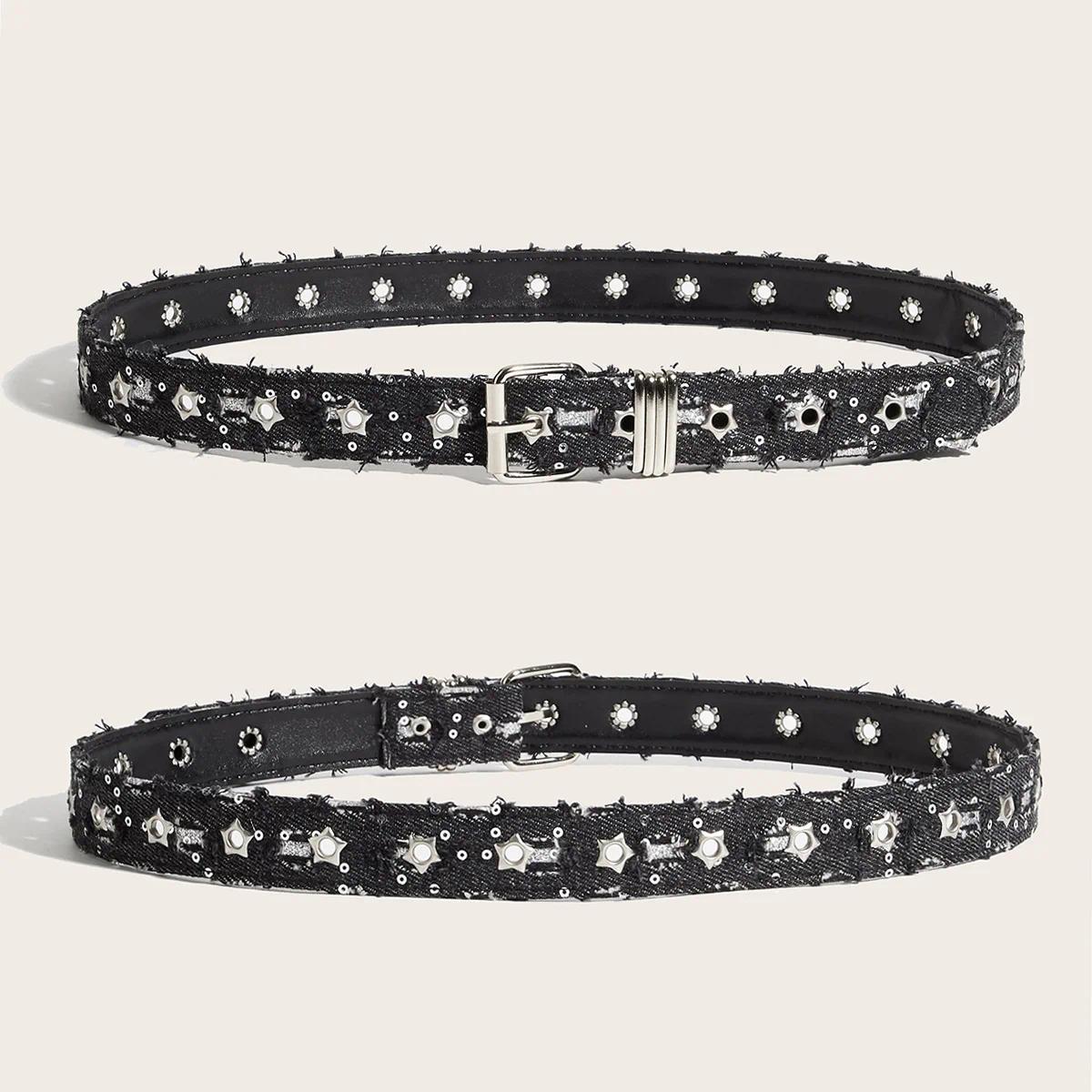 Fashion Luxury Belt Black Punk Accessories Pink Denim Girdle HipHop Y2k Star Hollowed Pin Buckle Waistband For Women Y2K Belt