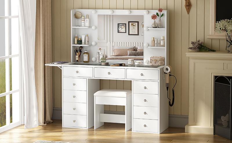 FUSOU 47"W Vanity Desk with 4 Shelves and Fold-up Panel,Power Outlet, 11 Drawers Makeup Vanity with Lighted Mirror, 3 Colors Adjustable, Glass Top Vanity with Chair, , Vanity Set for Bedroom, Dressing Room