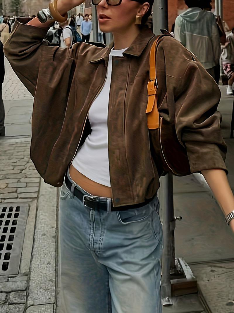 Women's Fall Winter Loose Fitted Suede Jacket, Short Batwing Sleeve Bomber Coat, Plain Leather Look Top, Zipper Neckline, Long Sleeve Vintage Style