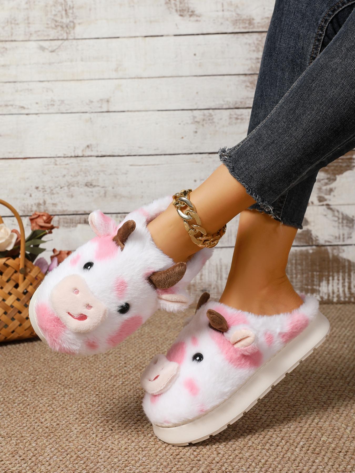 Women's Cute Cow Design Plush Slippers, Warm Bedroom Soft Slippers, Indoor Outdoor Silent Non-Slip Slippers, Casual Animal Pattern,Christmas Gifts For GF