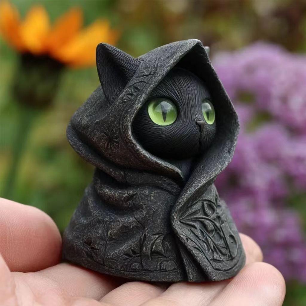 Gothic Cat Statue with Eyes and Celtic Knot Hooded Cloak, Resin Sculpture for Outdoor Decor, Dark Fantasy Garden Ornament