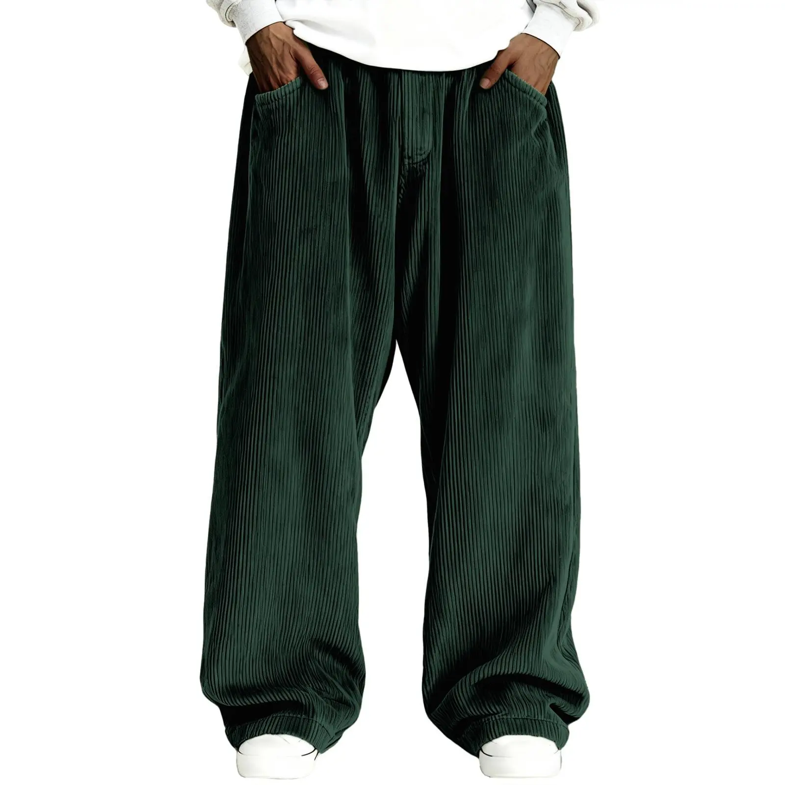 Autumn Winter Men's Solid Color Corduroy Loose Casual Sports Pants With Deep Side Pockets Relaxed Wide Leg Cut Soft Vertical Stripe Fabric Versatile Daily Streetwear All Match Comfort Elastic Waist Loose Fit Fashion Men Corduroy Trousers