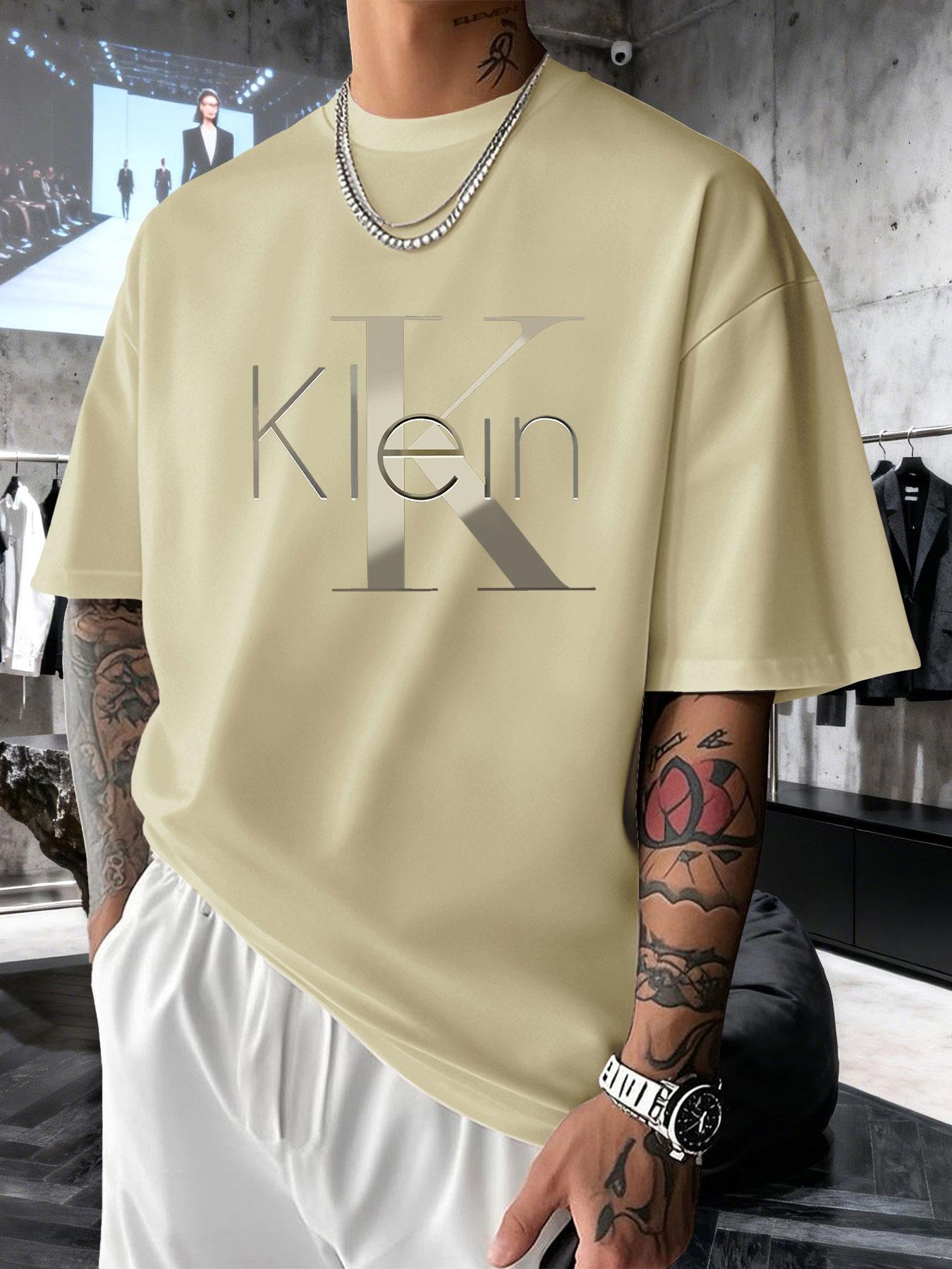 Men's Short Sleeve T-Shirt Summer Gold Embossed Klein Letter Print, Casual Loose-Fitting Long Top, All Seasons Business Fashion