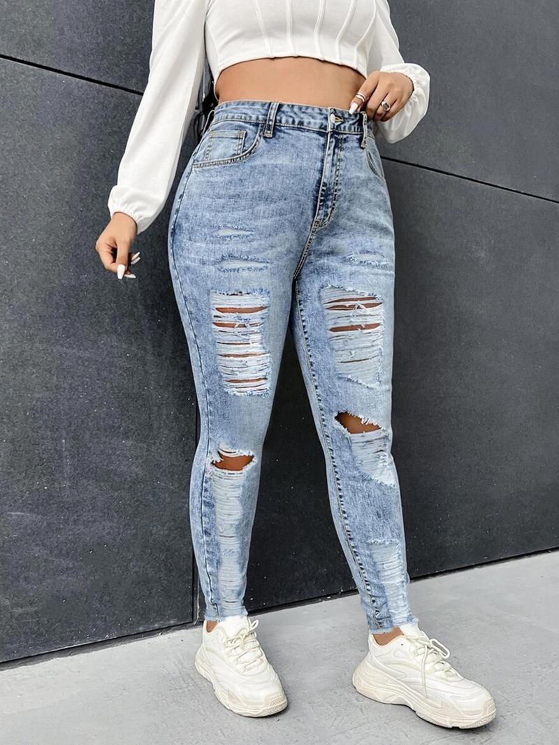 Plus Size Women's Comfortable Elastic Skinny Jeans with Ripped Details, High Waisted Street Style Denim Jeans for All Seasons