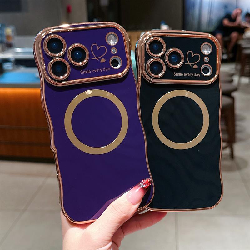 For iPhone 17 Pro Max 16 15 14 12 Case Magnetic,for Women Girls Soft Cute Wave Frame Curly Shape Love Heart Luxury Plating Phone Case Compatible with MagSafe Shockproof Back Cover