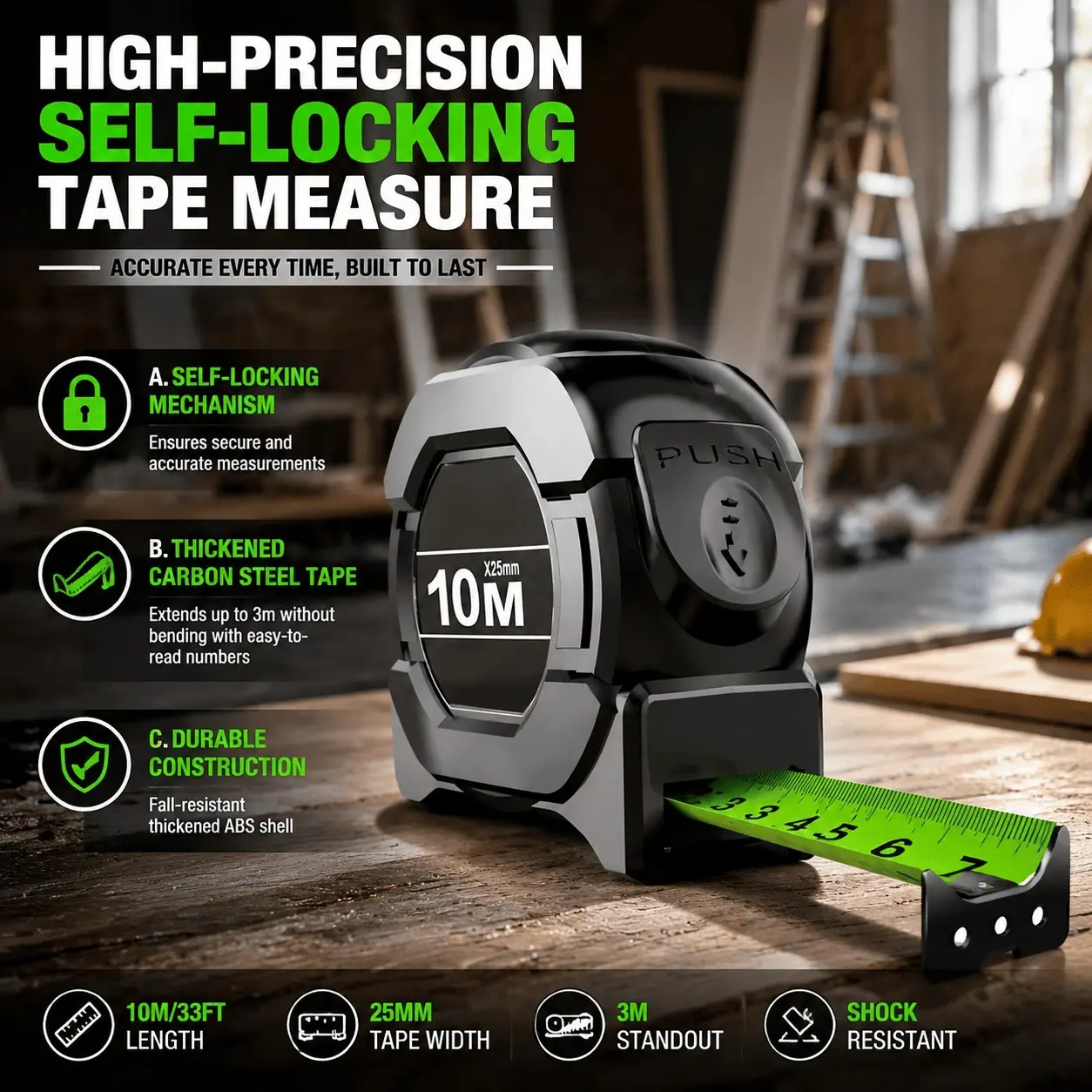 Fluorescent Night Vision Precision Steel Tape Measure, Self-Locking Auto-Rebound, Waterproof Rust-Resistant, 5m/7.5m, Industrial Grade