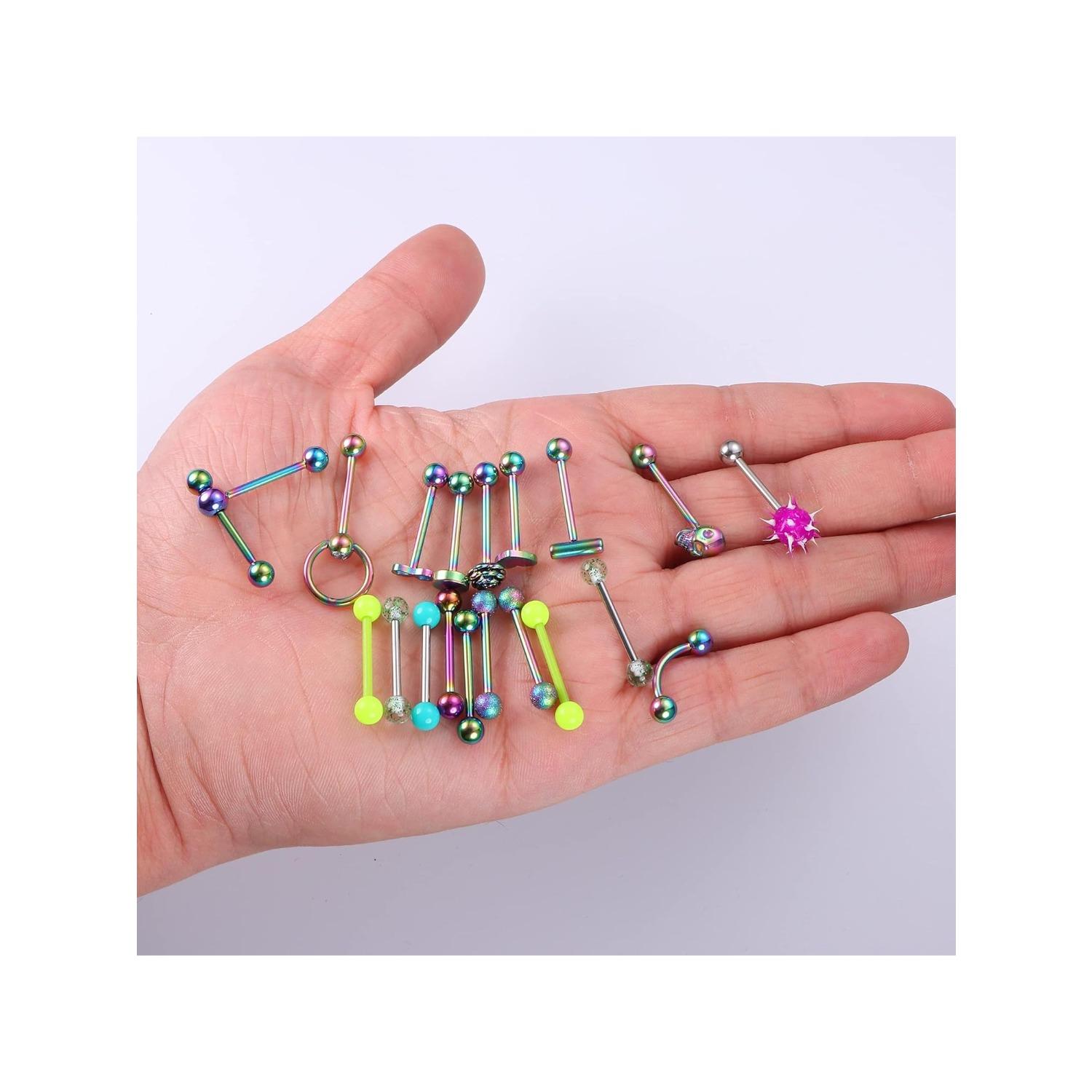 20Pcs 14G Tongue Rings for Women Men 316L Stainless Steel Skull Heart Tongue Piercing Jewelry