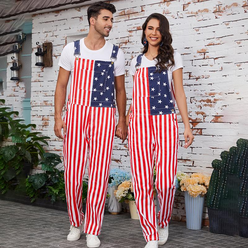 Unisex American Flag Overalls Couples USA Patriotic Workwear Menswear Adjustable Denim Jumpsuit with Zipper and Pockets, Womenswear