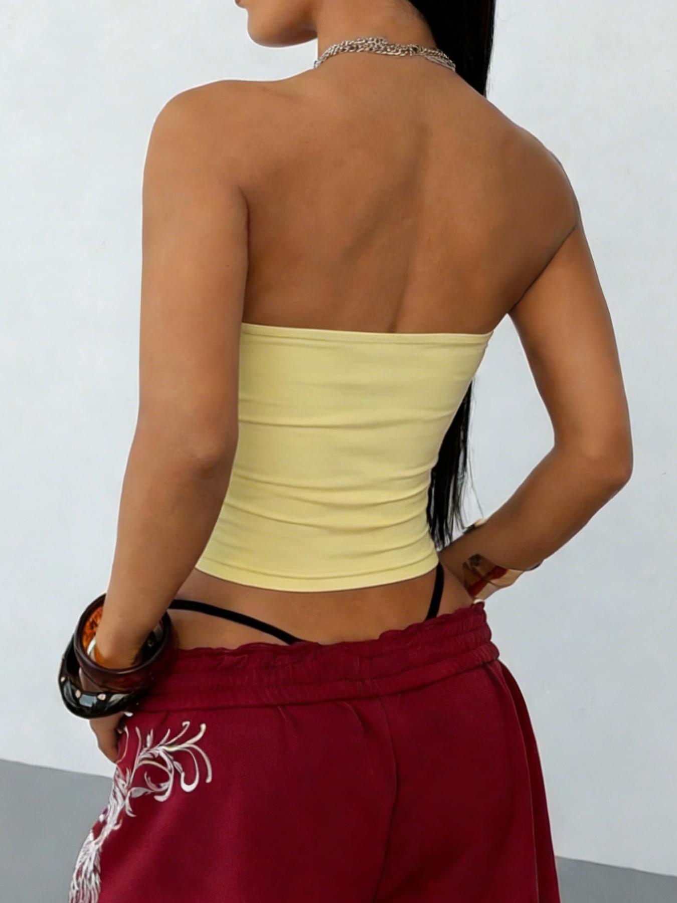 1 Piece Women's Spritz Orange Print Strapless Tube Top - Retro Y2K Crop Bandeau Top for Vacation & Music Festivals | Trendy Baddie Aesthetic