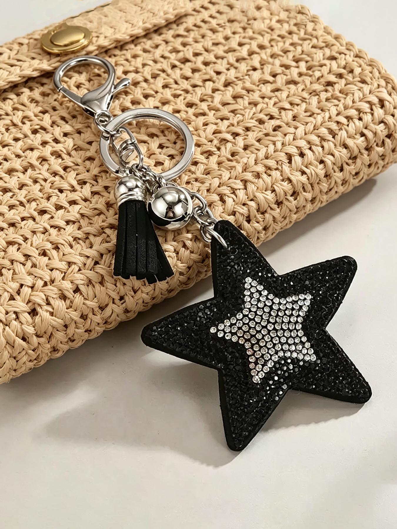 Elegant Two-Tone Rhinestone Star Sequin Keychain, Boho Style Beach Bag Charm, Dual-Sided Design, Fringe Key Ring Accessory