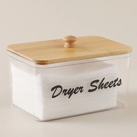 Clear Dryer Sheet Holder with Bamboo Lid, Transparent Plastic Storage Bin, Laundry Room Decor Storage Box with Label, Dryer Sheet and Detergent Pod Dispenser for Home Storage Container