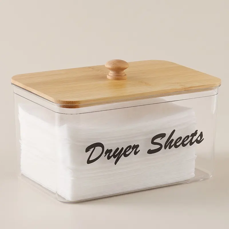 Clear Dryer Sheet Holder with Bamboo Lid, Transparent Plastic Storage Bin, Laundry Room Decor Storage Box with Label, Dryer Sheet and Detergent Pod Dispenser for Home Storage Container
