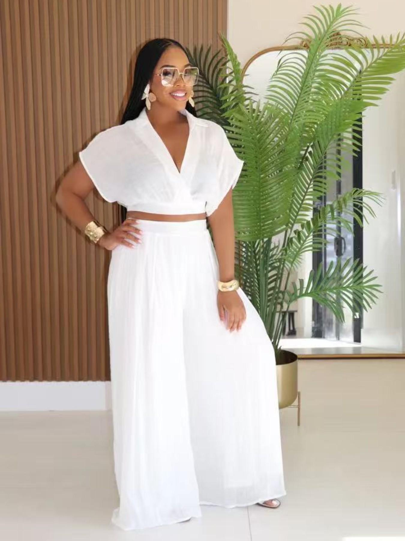 Women's Casual Vacation Chic Style Loose Collared Vneck Short Top and High Waist Wide Leg Pants Set, Comfortable and Stylish for Relaxing Days