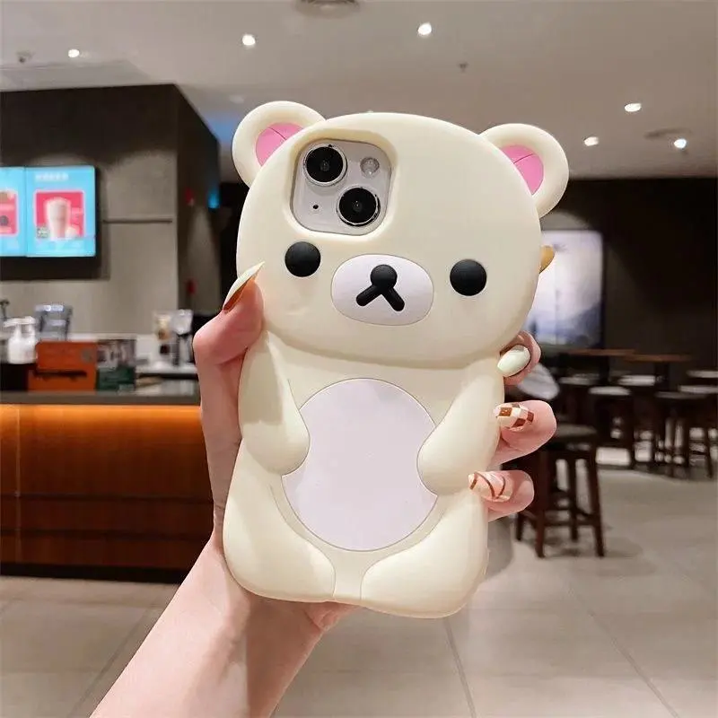 Cute 3D Cartoon Rilakkuma Bear Phone Case for iPhone 16 15 14 13 12 Pro Max Soft Silicone Cover iPhone Case