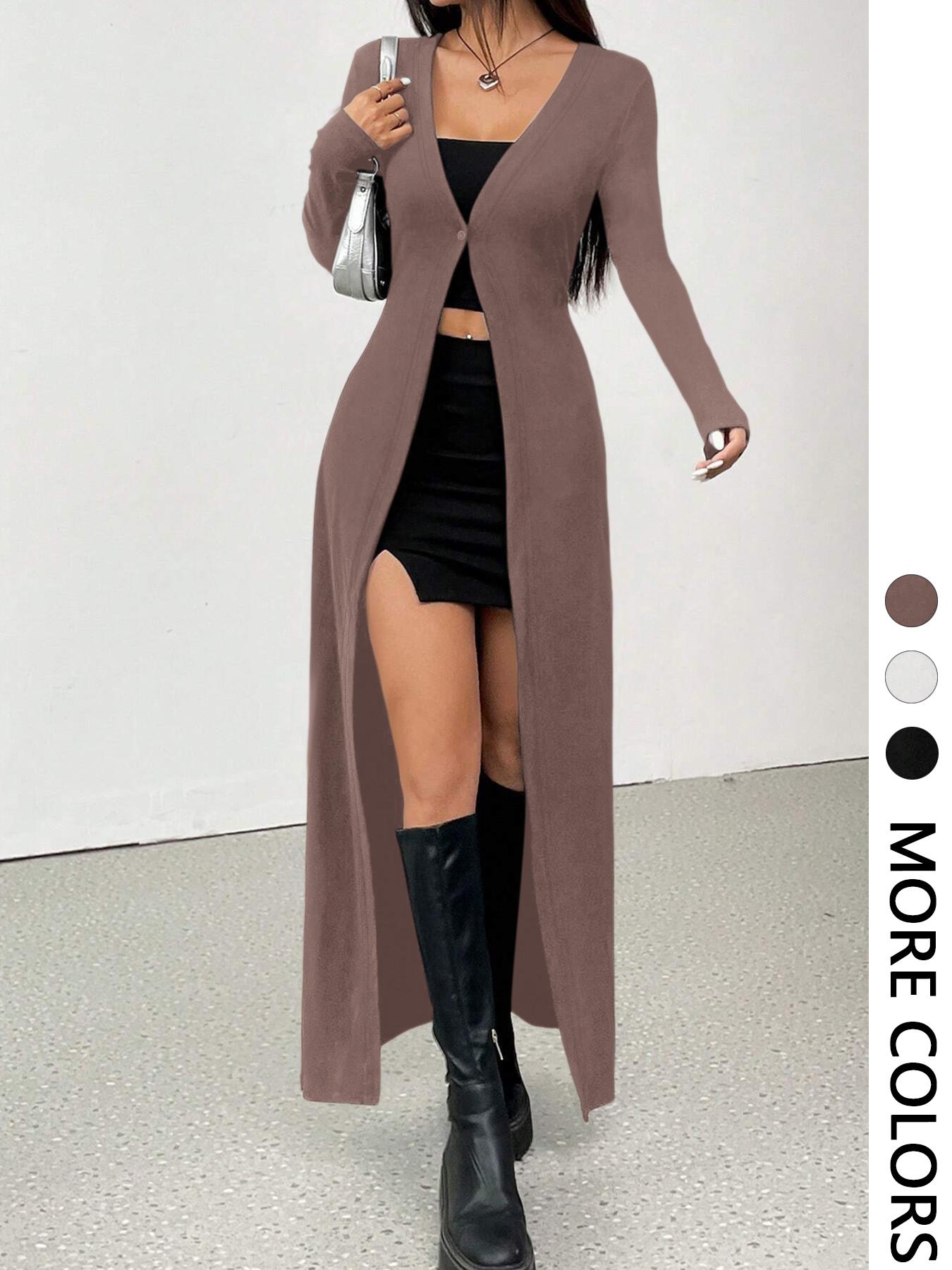 Women's Solid Color Long Casual Knit Cardigan, Single Button Fitted Sweater for All Seasons, Plain Pattern, Moderate Fabric Thickness