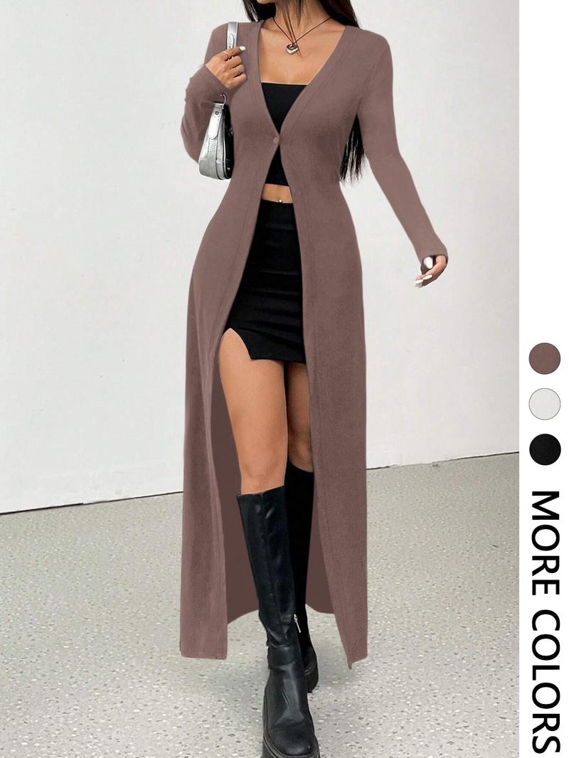 Women's Solid Color Long Casual Knit Cardigan, Single Button Fitted Sweater for All Seasons, Plain Pattern, Moderate Fabric Thickness