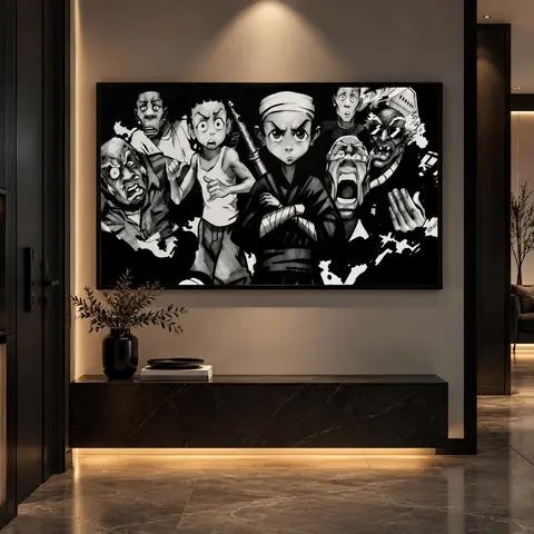 Boondocks Black Cartoon Wrapped Canvas Decor Painting 2D Flat Framed Wall Art for Living Room & Bedroom Graphic Prints Decoration sport icon home library therapy office wooden fan abstract pattern 3-count frame canvas artwork large unframed coquette