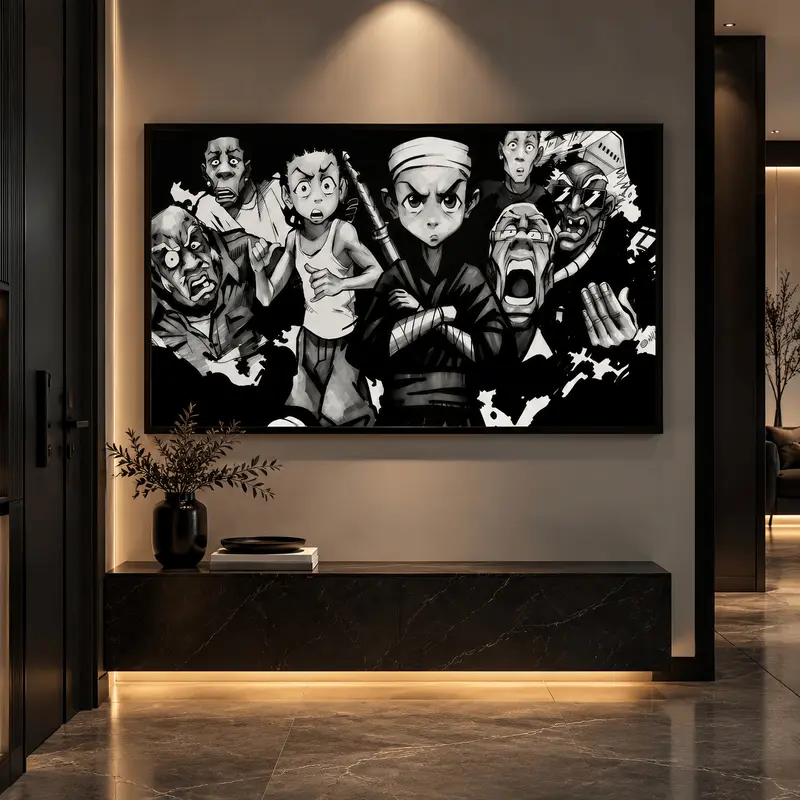 Boondocks Black Cartoon Wrapped Canvas Decor Painting 2D Flat Framed Wall Art for Living Room & Bedroom Graphic Prints Decoration sport icon home library therapy office wooden fan abstract pattern 3-count frame canvas artwork large unframed coquette