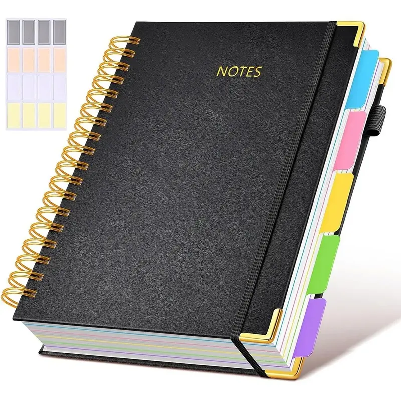 Hardcover Spiral Notebook Journal with Removable Dividers Tabs, 300 Pages Leather 5 Subject Notebook College Ruled, 8x10 Large B5 Notebooks for Work School Note Taking, Spiral Bound Notepad, Lined Journal for Women, Planner Notebook, Stationery Supplies