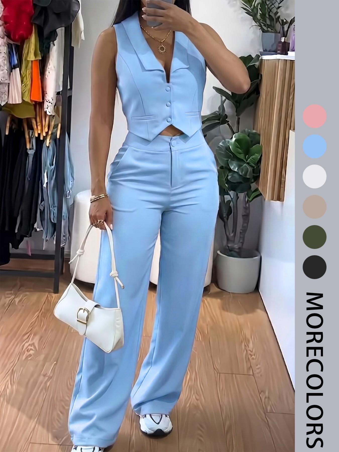 Women's Two-Piece Set, Sleeveless Waist-Cropped Vest and Wide-Leg Pants, Casual Loose-Fit Solid Pattern, All-Season Outer Vest
