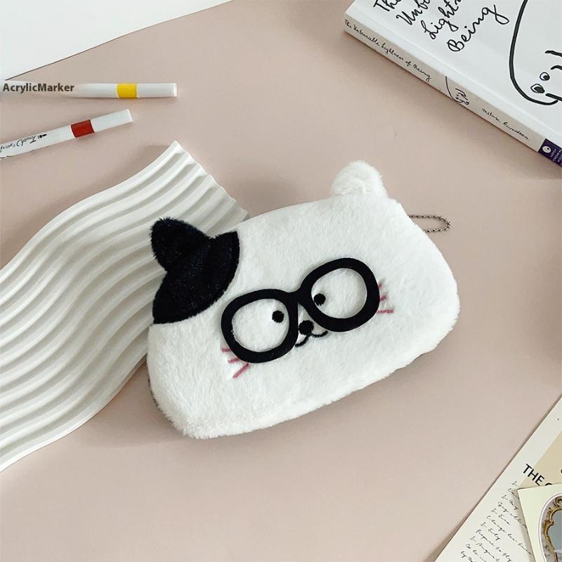 Cute Glasses Puppy Kitten Plush Pencil Case Large Capacity Pencil Bag Student Stationery Storage Bag Small Wallet Birthday Gifts