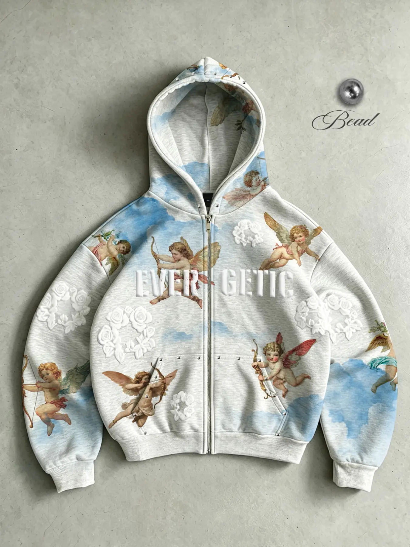 Men's/Unisex Y2K American-style casual zip-up hoodie featuring an all-over print of vintage cherubs, angels, and clouds, accented with 3D embossed rose puff-print details; a trendy streetwear hooded jacket suitable for men and women.
