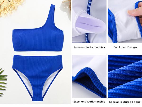 Tempt Me Women Two Piece Swimsuits Ribbed One Shoulder Bikini Sets Mid Waist Bathing Suit