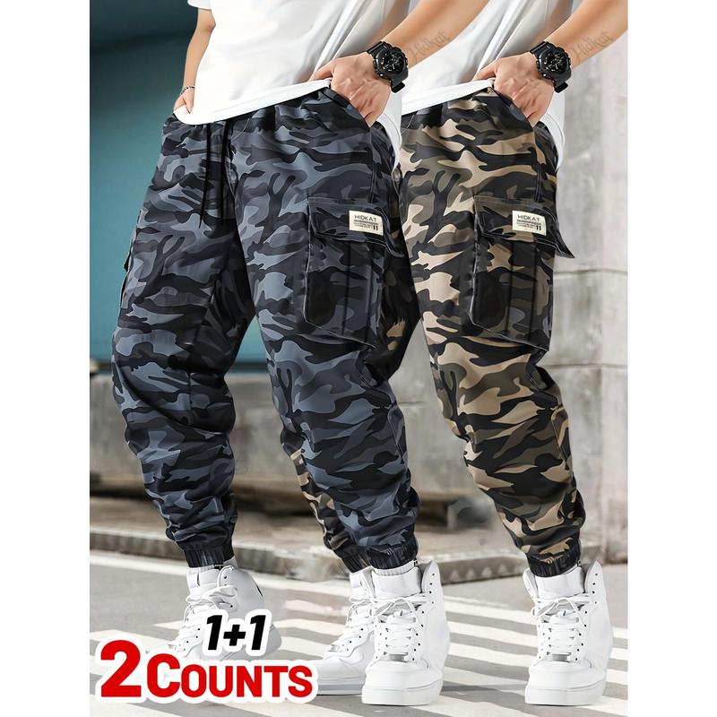 2-Pack Men's Tactical Camo Cargo Pants - Heavy-Duty Polyester Utility Pockets | Quick-Dry & Machine Washable for Hiking, Camping & Street Style | Adjustable Waistband