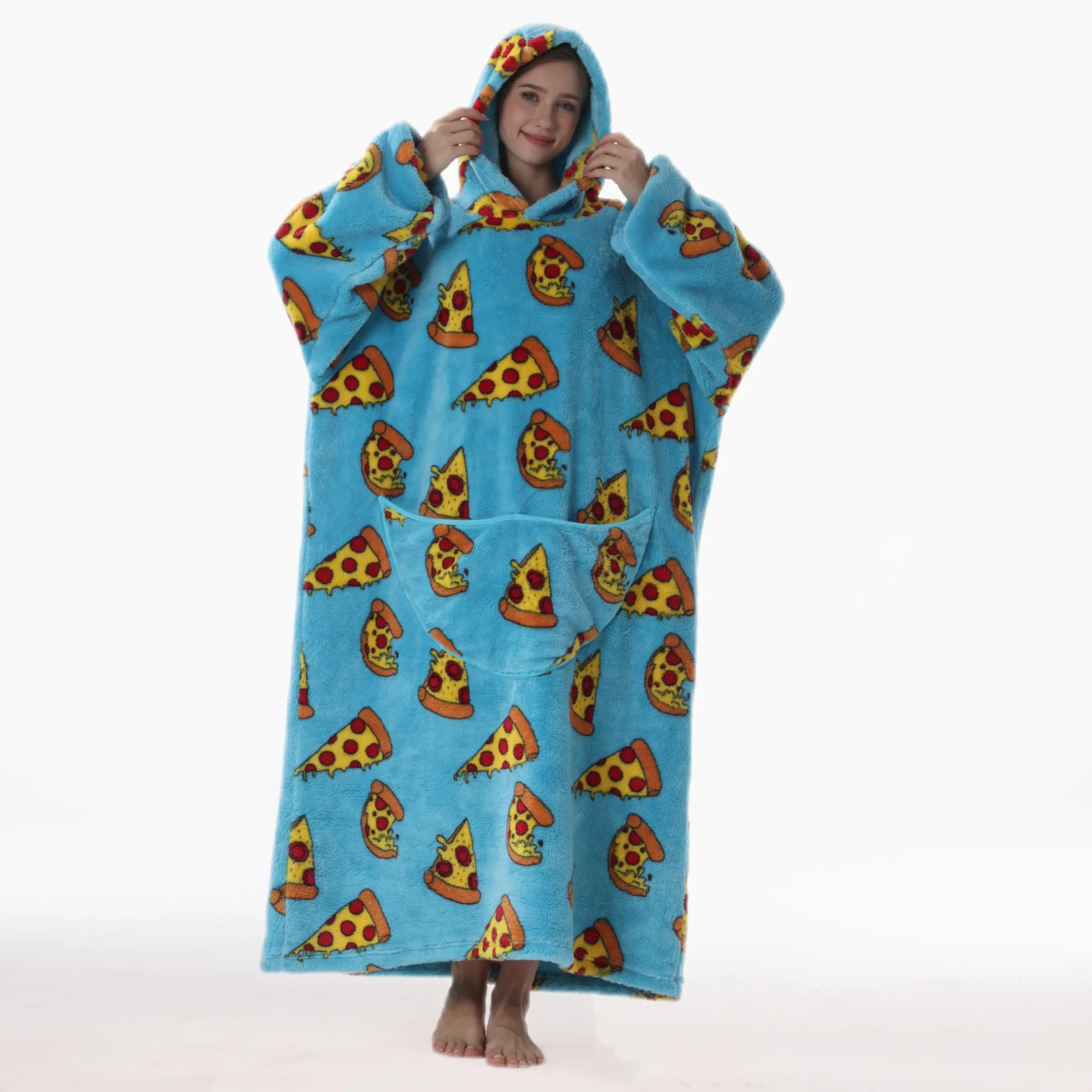 Pizza Pattern Oversized Wearable Blanket Sweatshirt, Soft Flannel Wrap, Unisex Comfortable Bathrobe, Fun Print Design