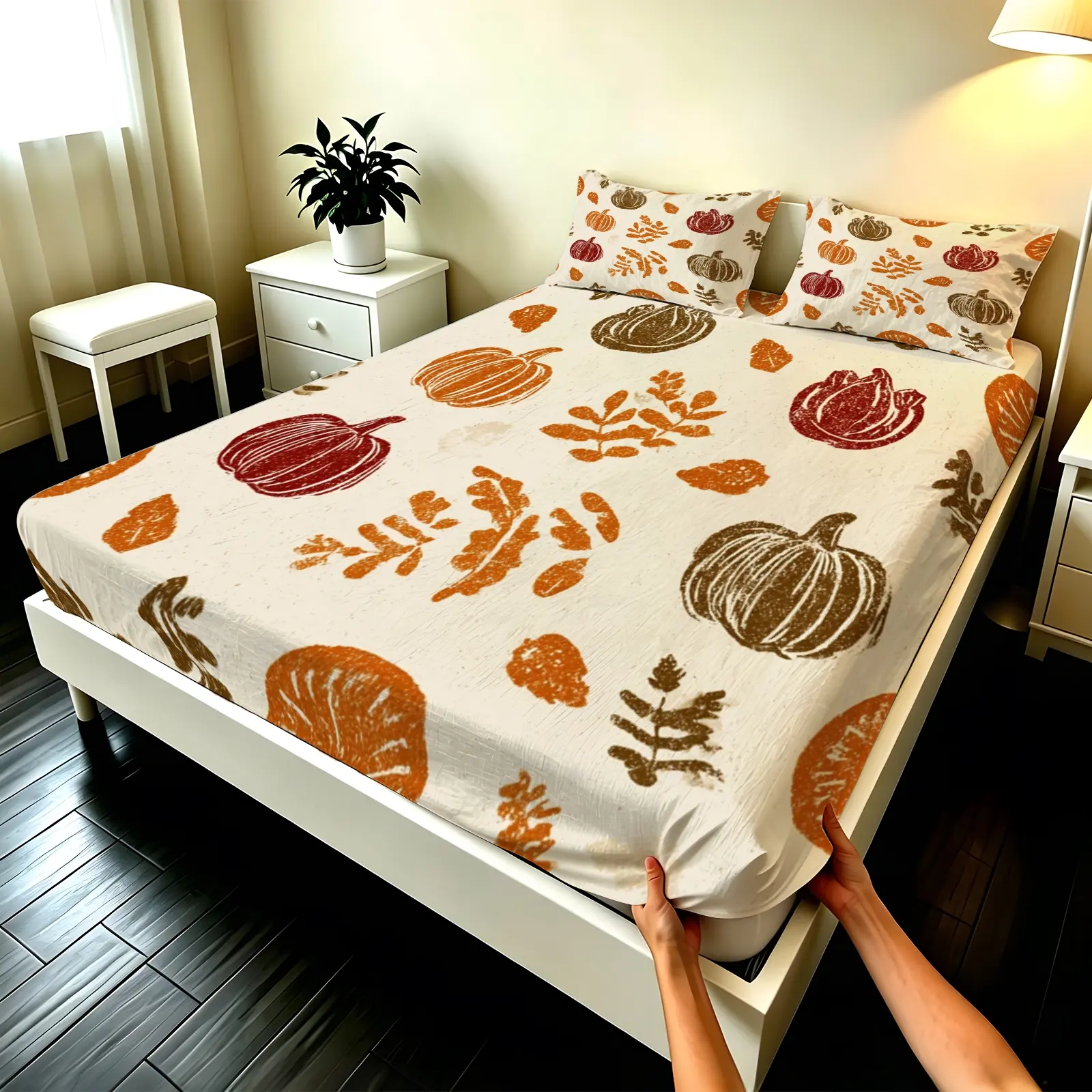 3pcs Fitted sheet Fall Thanksgiving Pumpkin & Leaf Printed Soft Microfiber Bedding Set, Wrinkle Resistant Fade Proof Breathable Comfortable Bed Sheet Set with 2 Pillowcases for Bedroom Home, Fits Twin Full Queen King Cal King Size Bedding Sheets