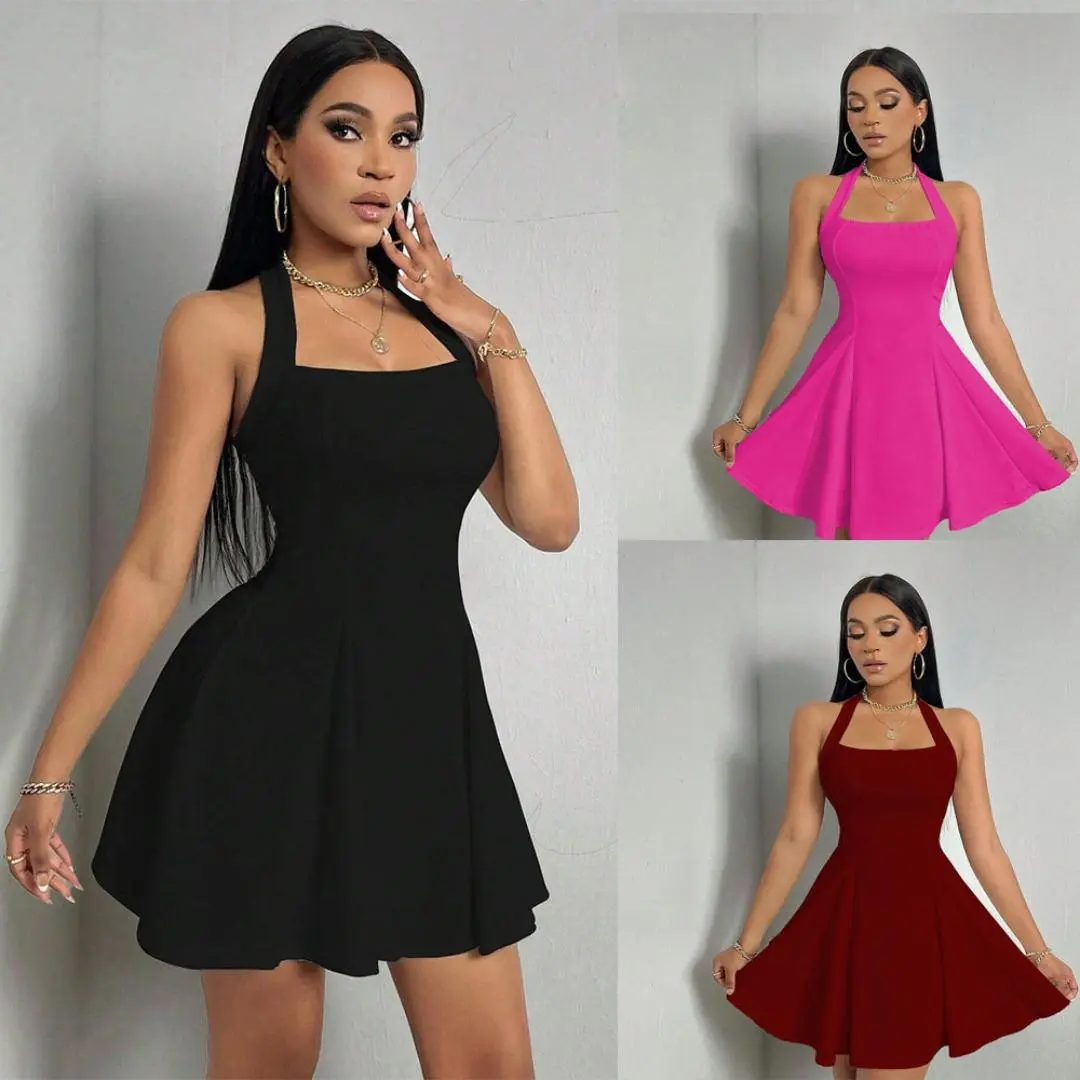 Y2K Women's Sexy Halter Neck Bodycon Mini Dress 2026 Summer Clubwear Party Going Out Short with A-Line Swing Hem Vestido Casual # line flattering sleeveless elegant woman, Elegant Party Apparel, Birthday Dresses, Club Clothes For Women