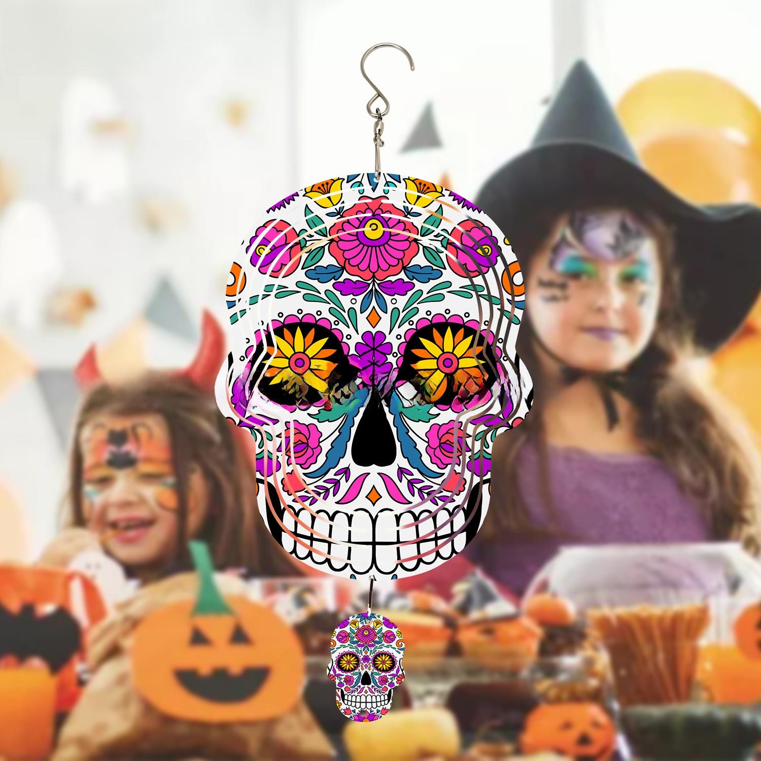 New Skull Design DIY Sublimation Aluminum Wind Chime Blank, Halloween Hanging , Festive Party Decor for Home Supplies, Ornaments green light sohochic