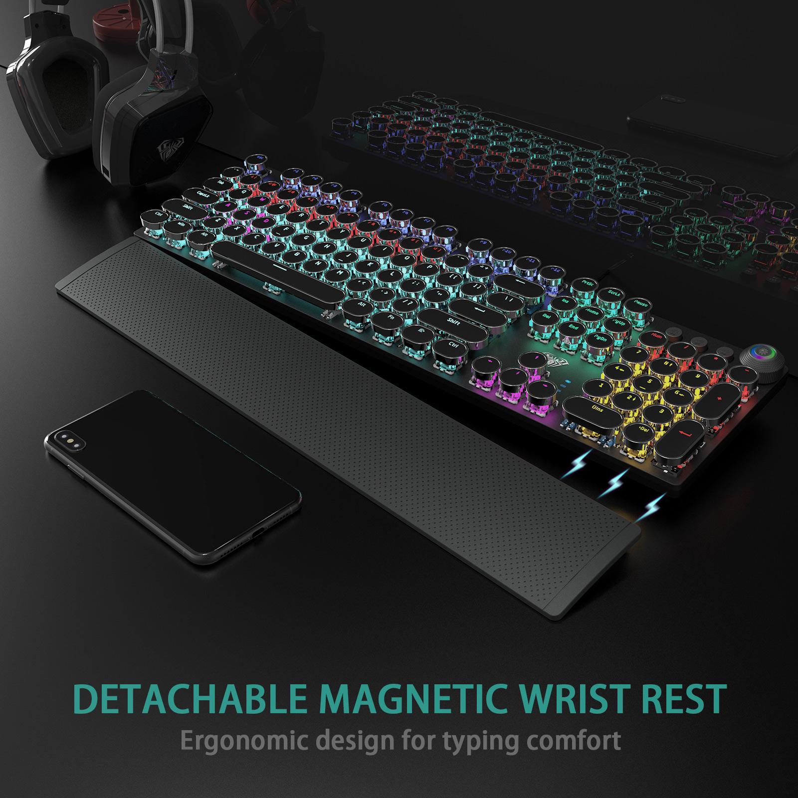 AULA F2088 Full Size Wired Transparent Mechanical Gaming Keyboard Typewriter Style, Blue Switches,Rainbow LED Backlit,Removable Wrist Rest,Media Control Knob,Retro Punk Round Keycaps,USB Computer Keyboard TikTokShopfalldealsforyou
