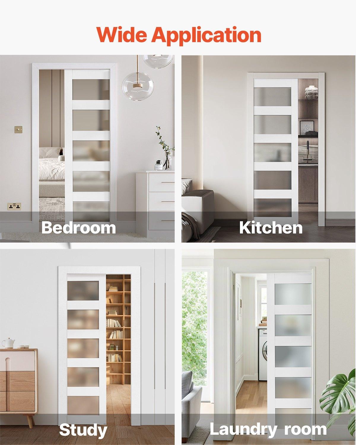 VEVOR Sliding Pocket Door, 36" x 80", 5-Lite Frosted Glass Single Sliding Door with Hardware Kit, Sturdy Solid Wood MDF Pocket Doors Slab with Waterproof Surface for Bedroom Kitchen Study Room