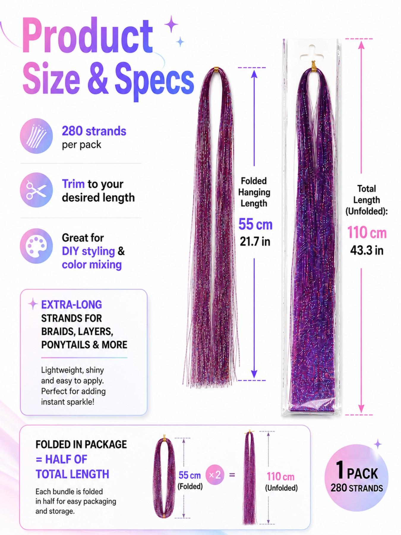 14pcs Glitter Colorful Clip On Hair Tinsel Kit,Synthetic Fiber Hair,20 Inch Clip In Hair Tinsel Extensions,Sparkle hair extensions,Clip-on Hair Pieces,clip in hair accessories,Cosplay Party Festival hair extensions
