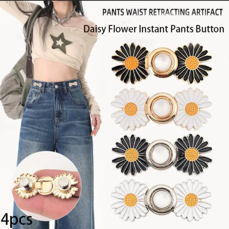 4 Sets Pant Waist Tightener, Detachable Jean Buttons, No Sew No Tools, Adjustable Daisy Flower Button Pins, Instant Pants Tightener