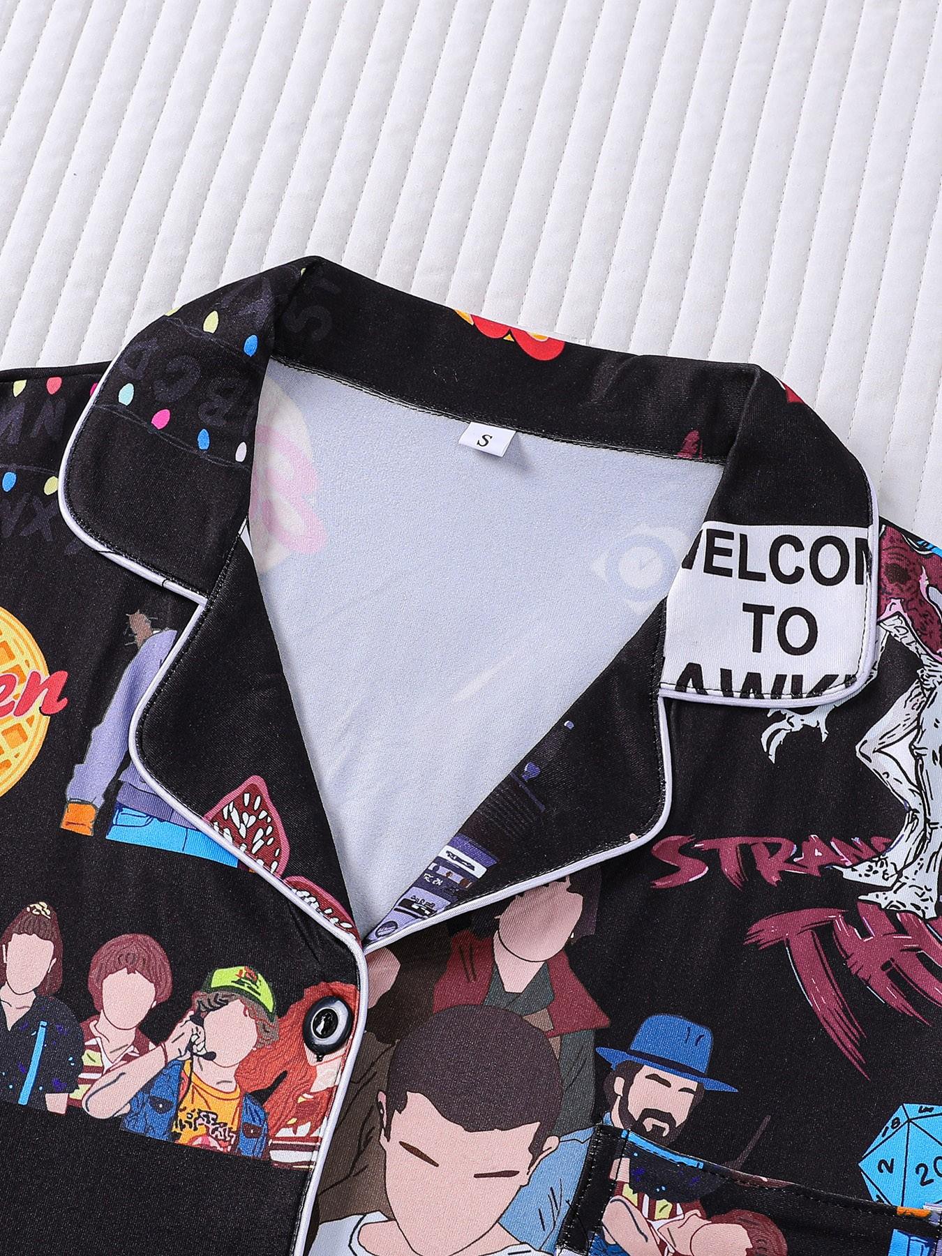 Women's 2-Piece Stranger Things Print Lapel Pajama Set, Short Sleeve Button Down Top with Pocket & Elastic Waist Shorts, Soft Comfy All-Season Loungewear, Casual Sleepwear for Ladies Home Daily Wear