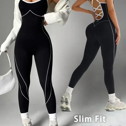 Women's Seamless Colorblock Yoga Sporty Jumpsuit, Adjustable Straps, Criss Cross Back Design, Sleeveless, Above Ankle, All Seasons, Workout Jumpsuit, Yoga Workout Jumpsuits
